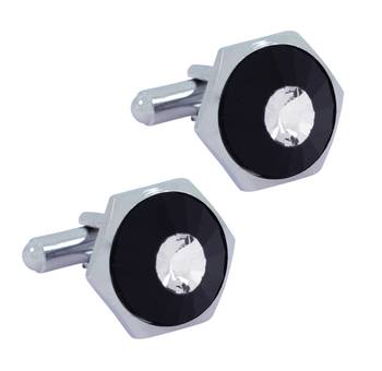 3D Round Hexagon Rhodium Plated Round Black Cufflink Pair For Men 1