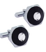 3D Round Hexagon Rhodium Plated Round Black Cufflink Pair For Men