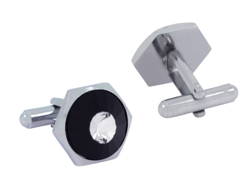 3D Round Hexagon Rhodium Plated Round Black Cufflink Pair For Men
