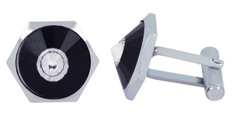 3D Round Hexagon Rhodium Plated Round Black Cufflink Pair For Men