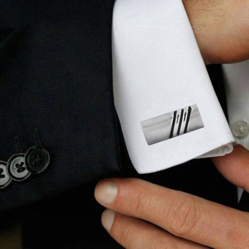 Black Stripes Matte Rhodium Plated High Quality Brass Enamel Cufflink Pair for Men