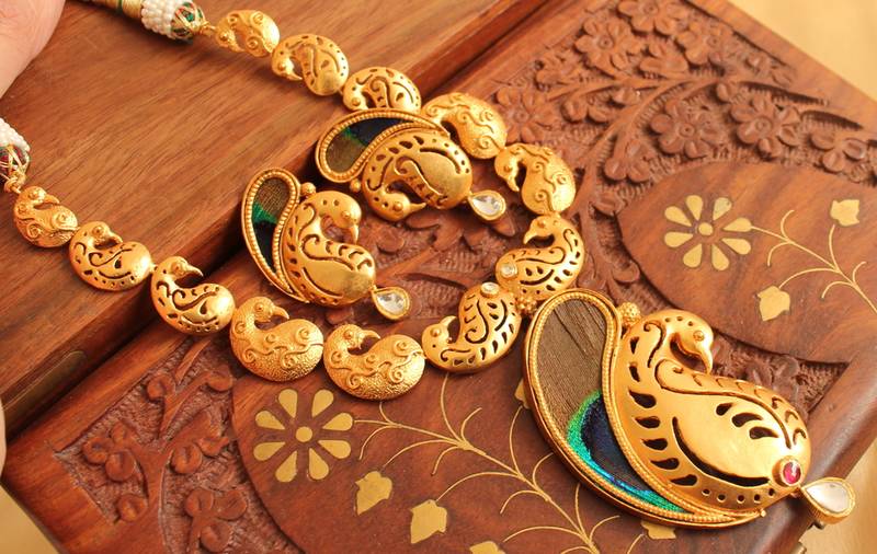 Royal One Gram Gold Plated Peacock Feather Necklace Set