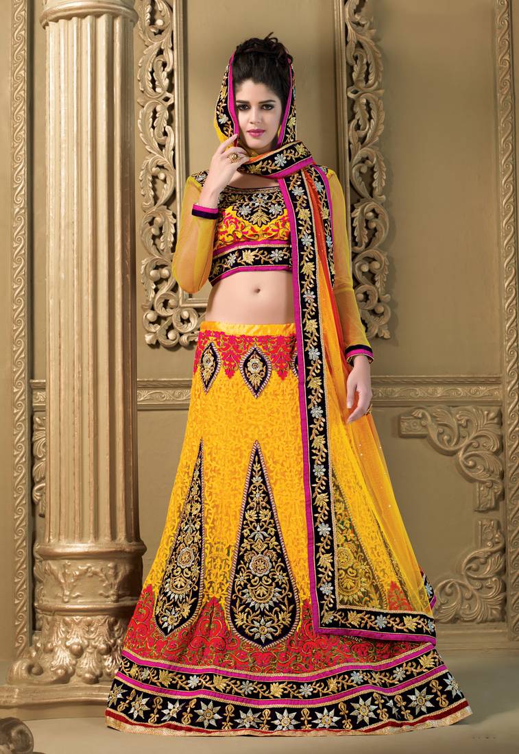 Yellow embroidered net bridal lehengas parul feb 1470575
