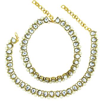 Antique Traditional Kundan Pearl Gold Plated  Payal Anklet Pair 22Cm For Women 2