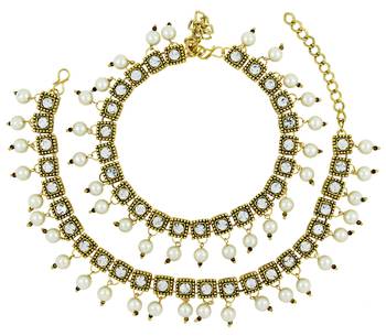 Antique Traditional Pearl Square Drop Cz Look Pair Of Anklet  Pair 29Cm For Women 2