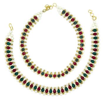 Antique Traditional Pearl Multi Colour Look Payal Anklet Pair 21.5Cm For Women 2