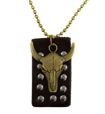 Hip Hop Bull Head Bronze Vintage Antique Finish Dog Tag Pendant Leather Chain 1