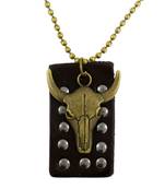 Hip Hop Bull Head Bronze Vintage Antique Finish Dog Tag Pendant Leather Chain