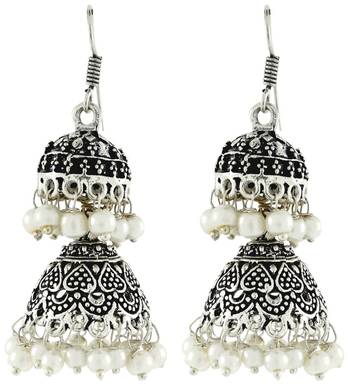 Double Jhumka Antique Oxidized German Silver Pearl Jhumki Earring For Women 1
