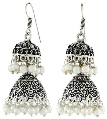 Double Jhumka Antique Oxidized German Silver Pearl Jhumki Earring For Women 2