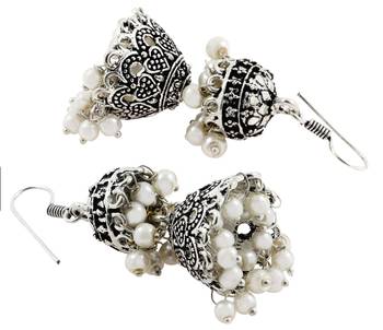 Double Jhumka Antique Oxidized German Silver Pearl Jhumki Earring For Women 3