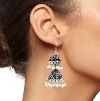 Double Jhumka Antique Oxidized German Silver Pearl Jhumki Earring For Women 4