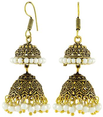 Antique Oxidized Gold Plated Pearl Double Jhumki Earring For Women 2