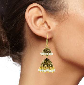 Antique Oxidized Gold Plated Pearl Double Jhumki Earring For Women 4