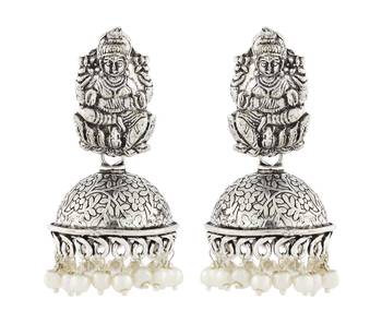 Temple Lakshmi Antique Oxidized German Silver Pearl Floral Jhumki Earring For Women 1