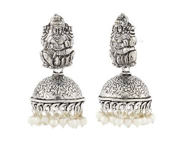 Temple Lakshmi Antique Oxidized German Silver Pearl Floral Jhumki Earring For Women 2