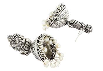 Temple Lakshmi Antique Oxidized German Silver Pearl Floral Jhumki Earring For Women 3