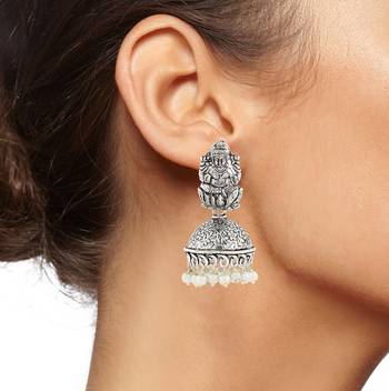 Temple Lakshmi Antique Oxidized German Silver Pearl Floral Jhumki Earring For Women 4