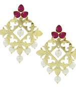 Statement Large Filigree Flower Pearl Antique Ruby Red Gold Plated Chandelier Earring For Women