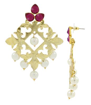 Statement Large Filigree Flower Pearl Antique Ruby Red Gold Plated Chandelier Earring For Women 2