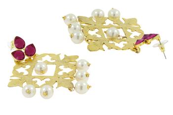 Statement Large Filigree Flower Pearl Antique Ruby Red Gold Plated Chandelier Earring For Women 3