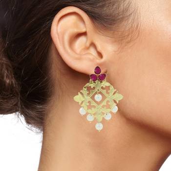 Statement Large Filigree Flower Pearl Antique Ruby Red Gold Plated Chandelier Earring For Women 4
