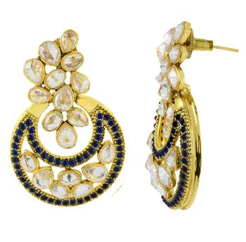 Designer Flower Kundan Blue Gold Plated Chandbali Earring For Women 2