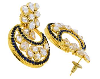 Designer Flower Kundan Blue Gold Plated Chandbali Earring For Women 3