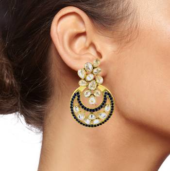Designer Flower Kundan Blue Gold Plated Chandbali Earring For Women 4