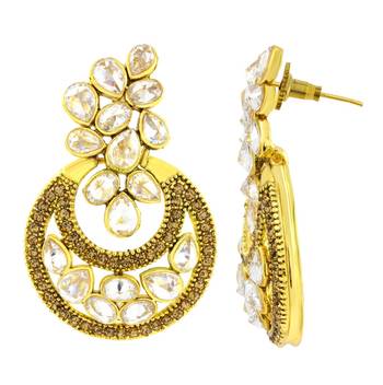 Designer Flower Kundan Champagne Gold Plated Chandbali Earring For Women 2