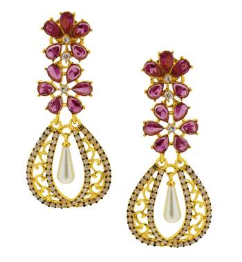 Kundan Flower Filigree Antique Ruby Red Gold Plated Dangler Earring For Women 1