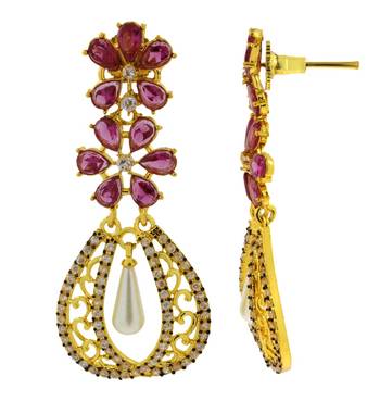 Kundan Flower Filigree Antique Ruby Red Gold Plated Dangler Earring For Women 2