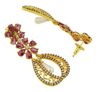 Kundan Flower Filigree Antique Ruby Red Gold Plated Dangler Earring For Women 3