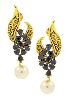 Leafy Floral Black Gold Plated Pearl Drop Earring For Women 1