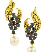 Leafy Floral Black Gold Plated Pearl Drop Earring For Women