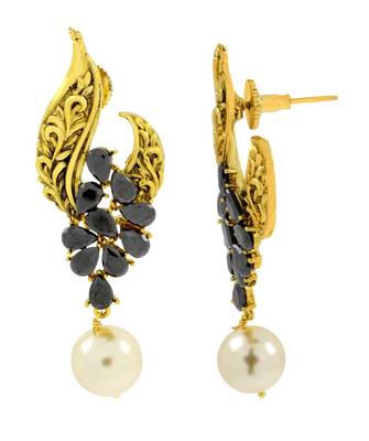 Leafy Floral Black Gold Plated Pearl Drop Earring For Women 2