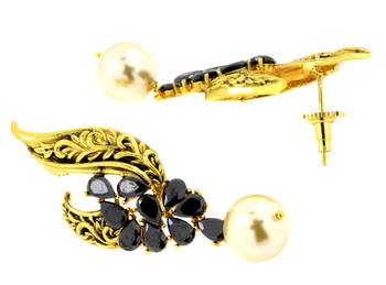 Leafy Floral Black Gold Plated Pearl Drop Earring For Women 3