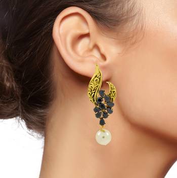 Leafy Floral Black Gold Plated Pearl Drop Earring For Women 4