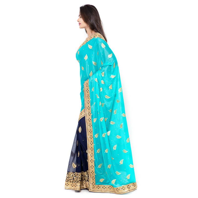 Green & Blue Colored Georgette Embroidered Half & Half Saree main image 1