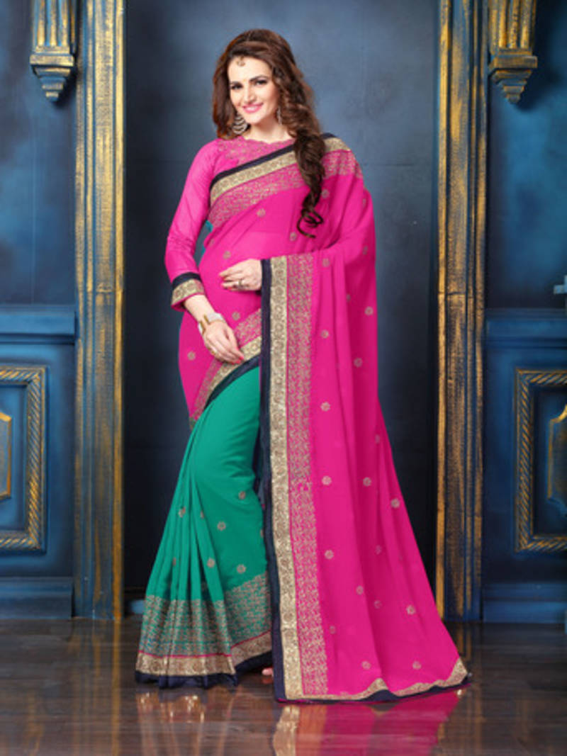 Pink embroidered georgette saree with blouse
