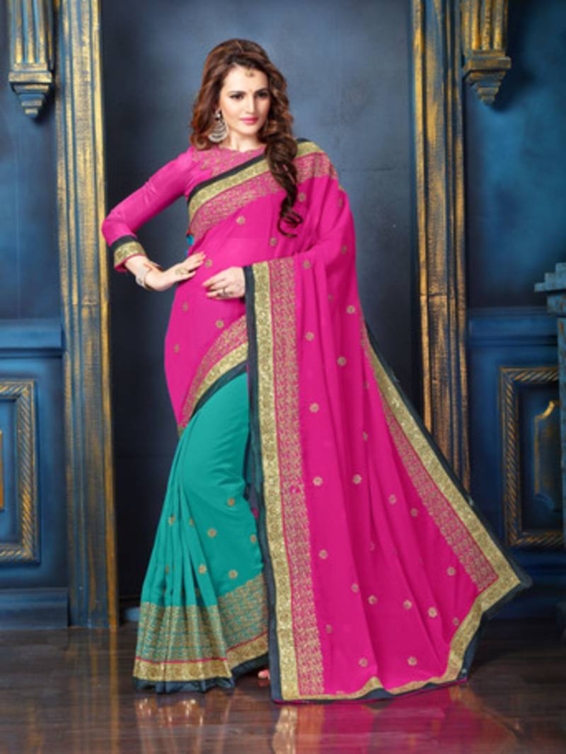 Pink embroidered georgette saree with blouse