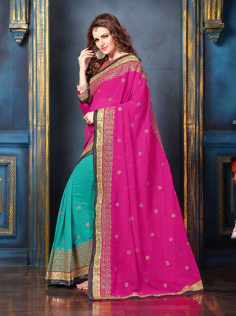 Pink embroidered georgette saree with blouse