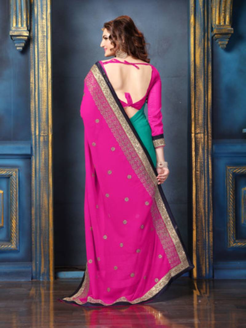 Pink embroidered georgette saree with blouse