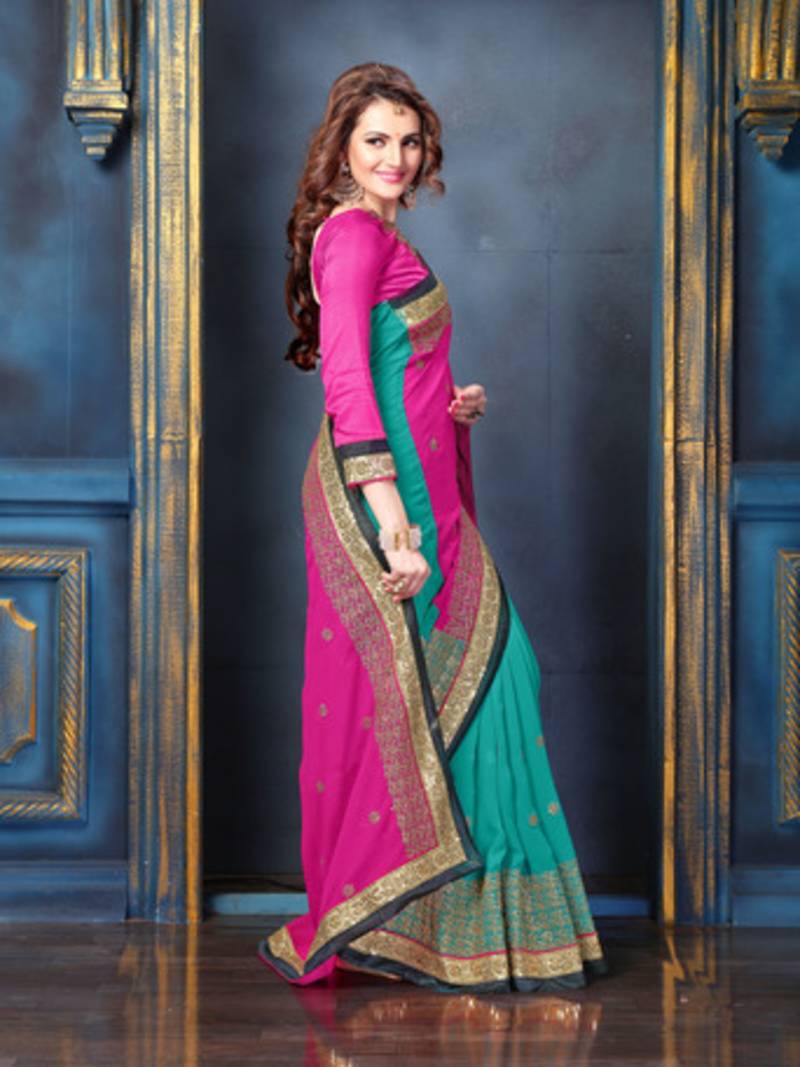Pink embroidered georgette saree with blouse