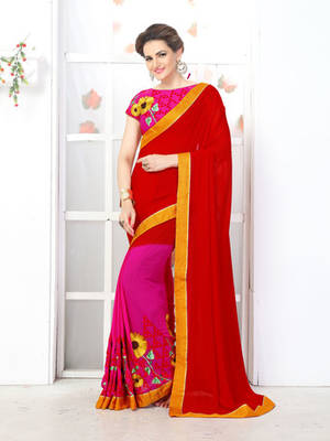 Red embroidered georgette saree with blouse 1