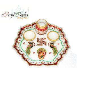 eCraftIndia Decorative Pooja Thali with Swastik and Peocock 1