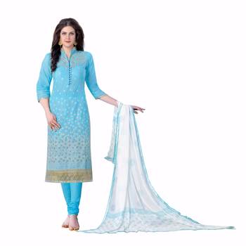 Blue Cotton Embroidered Unstitched Salwar With Dupatta 1