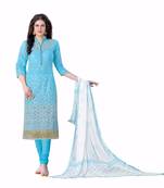 Blue Cotton Embroidered Unstitched Salwar With Dupatta