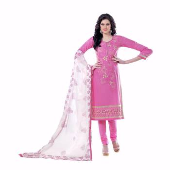Pink Cotton Embroidered Unstitched Salwar With Dupatta 1
