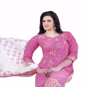 Pink Cotton Embroidered Unstitched Salwar With Dupatta 2